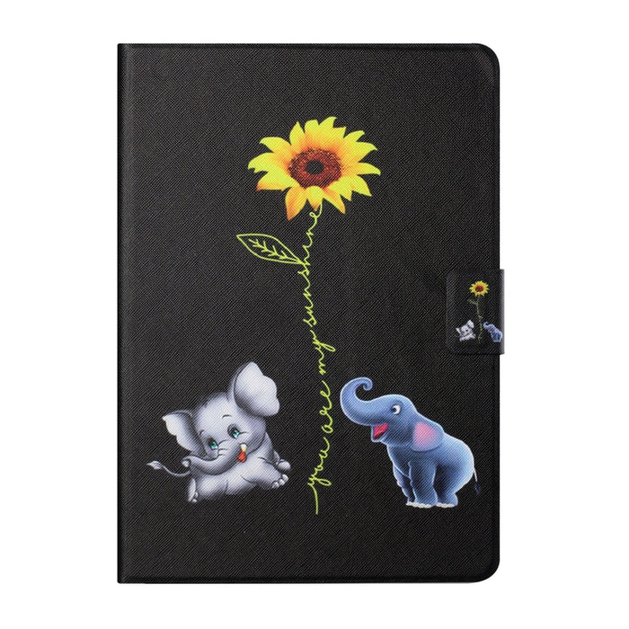 Estuche de cuero con tapa horizontal de dibujo a color con soporte y ranuras para tarjetas y función de suspensión / activación
