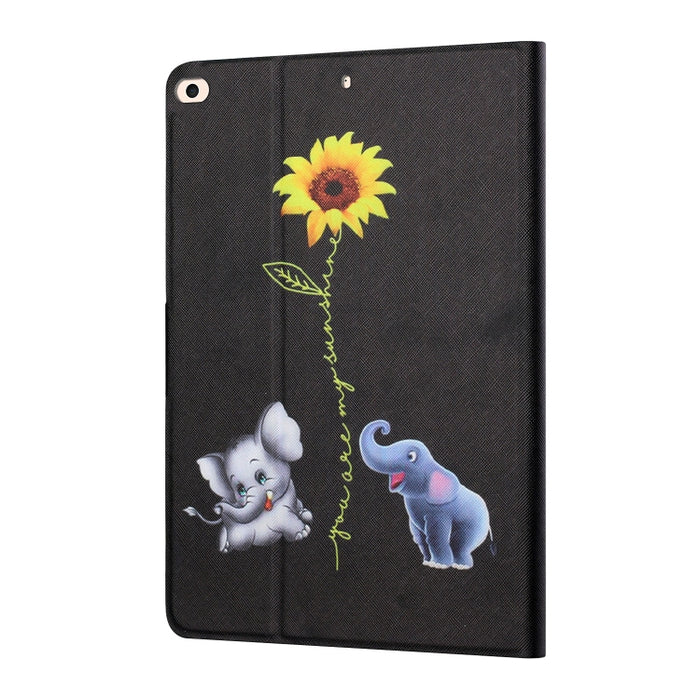 Estuche de cuero con tapa horizontal de dibujo a color con soporte y ranuras para tarjetas y función de suspensión / activación
