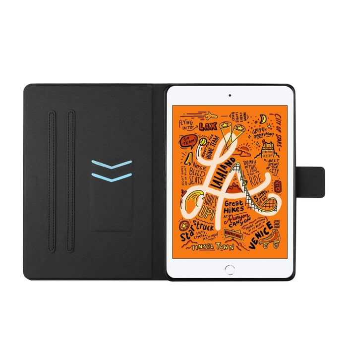Estuche de cuero con tapa horizontal de dibujo a color con soporte y ranuras para tarjetas y función de suspensión / activación
