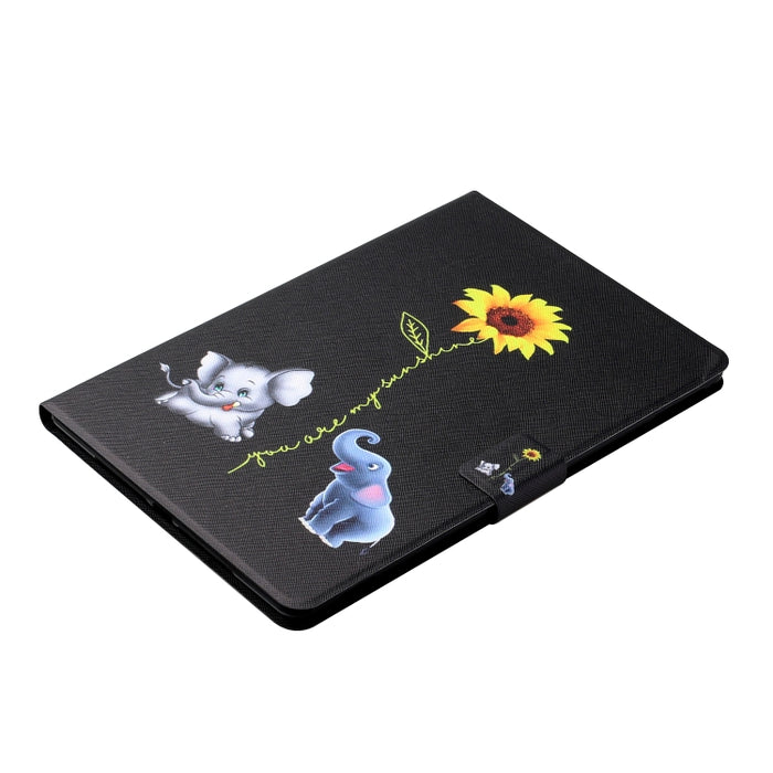 Estuche de cuero con tapa horizontal de dibujo a color con soporte y ranuras para tarjetas y función de suspensión / activación