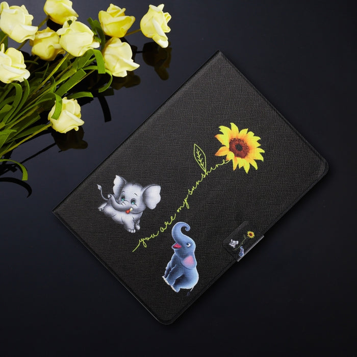 Estuche de cuero con tapa horizontal de dibujo a color con soporte y ranuras para tarjetas y función de suspensión / activación