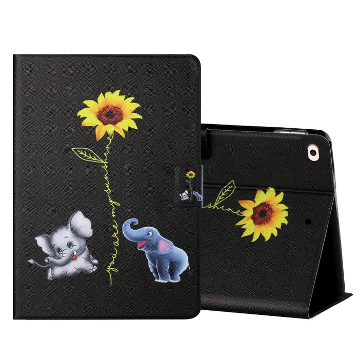 Estuche de cuero con tapa horizontal de dibujo a color con soporte y ranuras para tarjetas y función de suspensión / activación