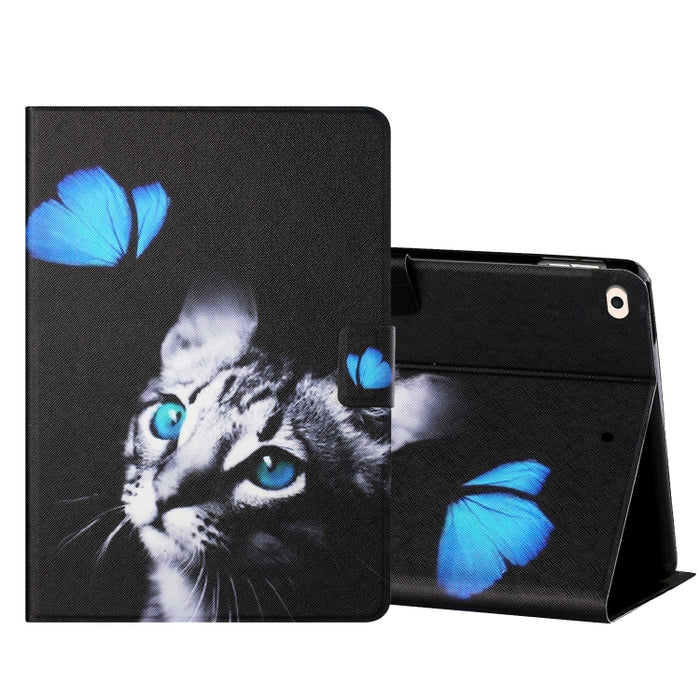 Estuche de cuero con tapa horizontal de dibujo a color con soporte y ranuras para tarjetas y función de suspensión / activación