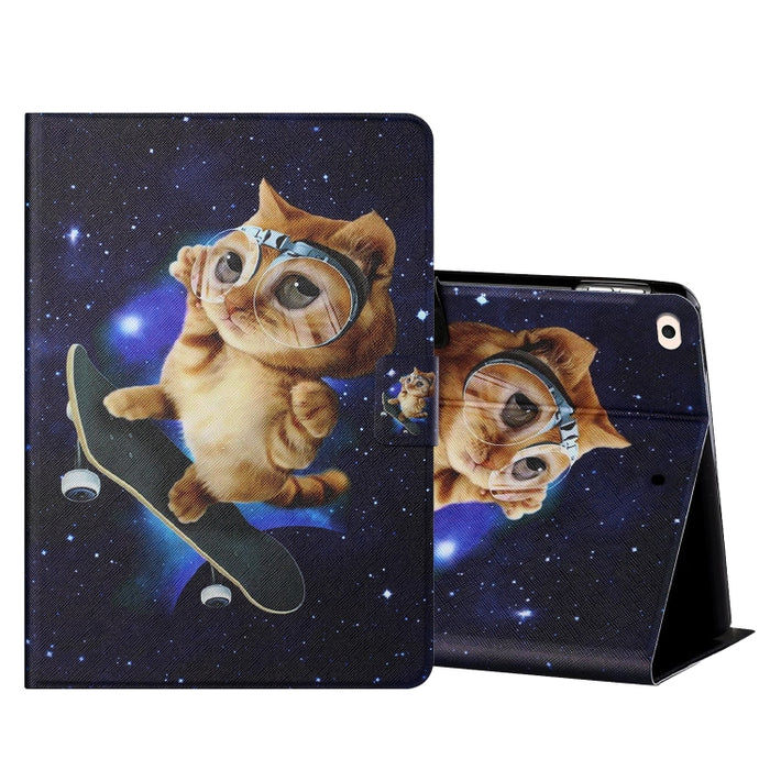 Estuche de cuero con tapa horizontal de dibujo a color con soporte y ranuras para tarjetas y función de suspensión / activación