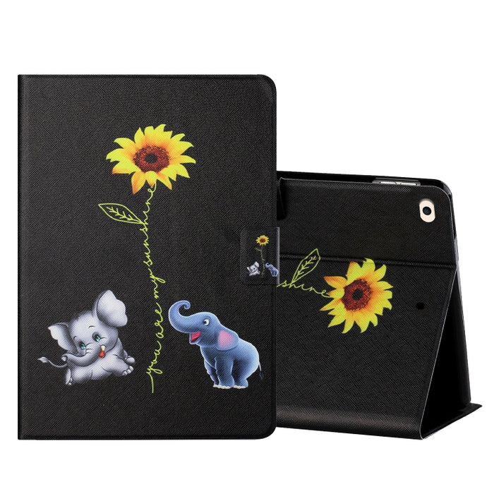Estuche de cuero con tapa horizontal de dibujo a color con soporte y ranuras para tarjetas y función de suspensión / activación