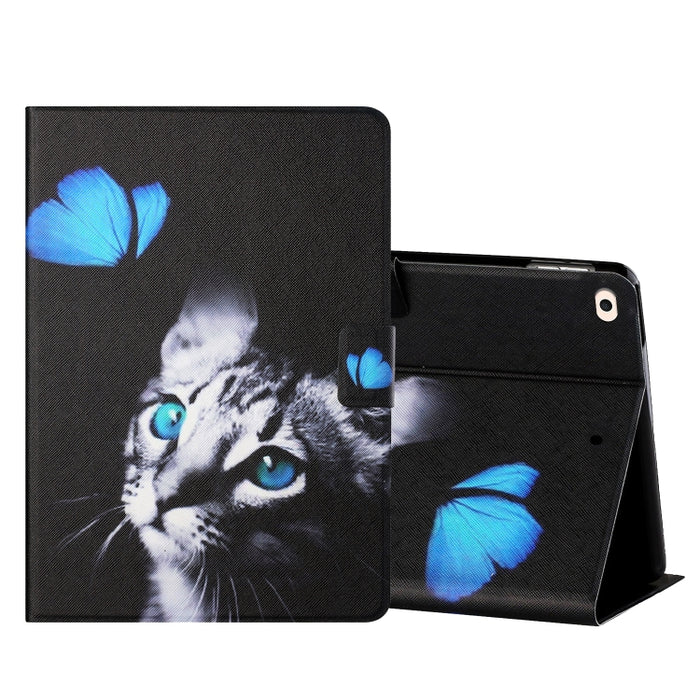 Estuche de cuero con tapa horizontal de dibujo a color con soporte y ranuras para tarjetas y función de suspensión / activación