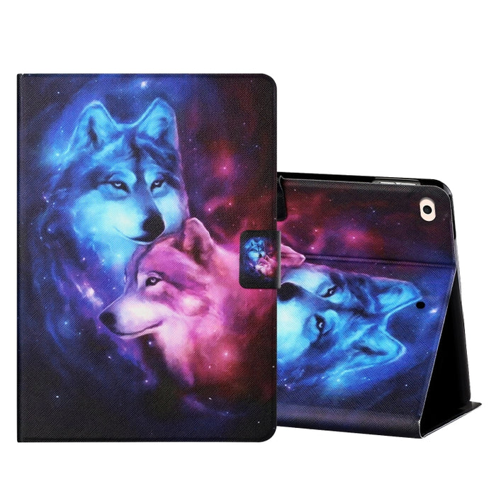 Estuche de cuero con tapa horizontal de dibujo a color con soporte y ranuras para tarjetas y función de suspensión / activación