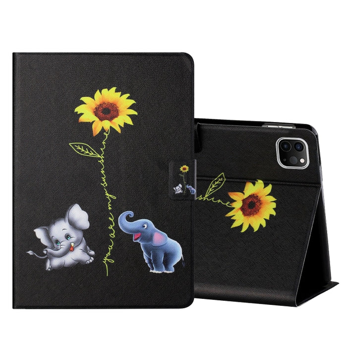 Estuche de cuero con tapa horizontal de dibujo a color con soporte y ranuras para tarjetas y función de suspensión / activación
