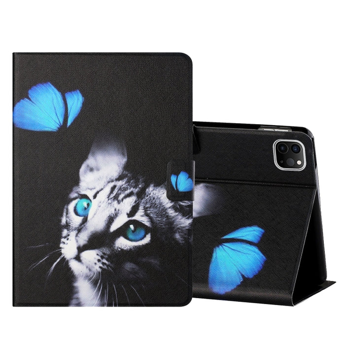 Estuche de cuero con tapa horizontal de dibujo a color con soporte y ranuras para tarjetas y función de suspensión / activación