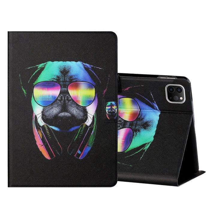 Estuche de cuero con tapa horizontal de dibujo a color con soporte y ranuras para tarjetas y función de suspensión / activación