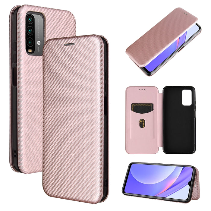 Textura de fibra de carbono Flip horizontal magnético TPU + PC + Funda de cuero PU con ranura para tarjeta, For Xiaomi Poco M3, For Samsung Galaxy A02s, For Xiaomi Redmi Note 9 5G, For Xiaomi Redmi Note 9 4G