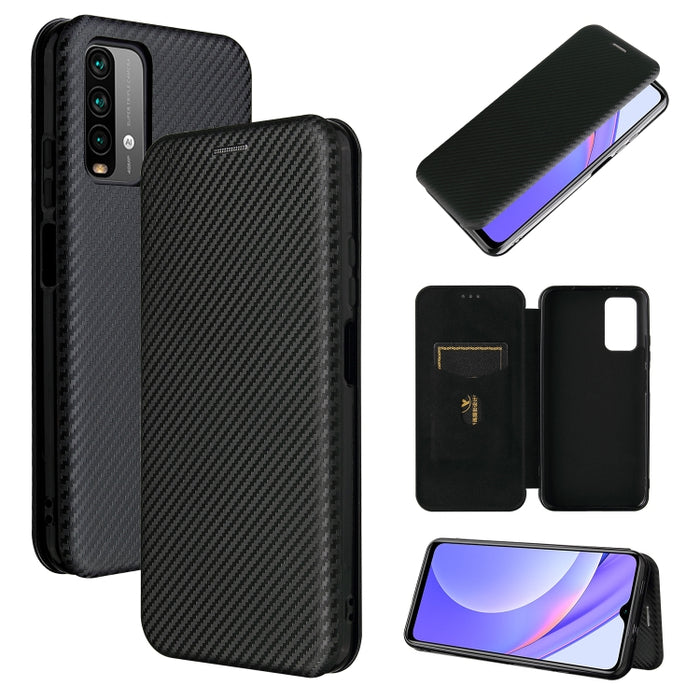 Textura de fibra de carbono Flip horizontal magnético TPU + PC + Funda de cuero PU con ranura para tarjeta, For Xiaomi Poco M3, For Samsung Galaxy A02s, For Xiaomi Redmi Note 9 5G, For Xiaomi Redmi Note 9 4G