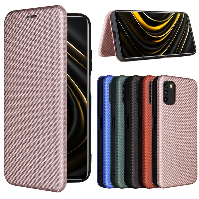 Textura de fibra de carbono Flip horizontal magnético TPU + PC + Funda de cuero PU con ranura para tarjeta, For Xiaomi Poco M3, For Samsung Galaxy A02s, For Xiaomi Redmi Note 9 5G, For Xiaomi Redmi Note 9 4G