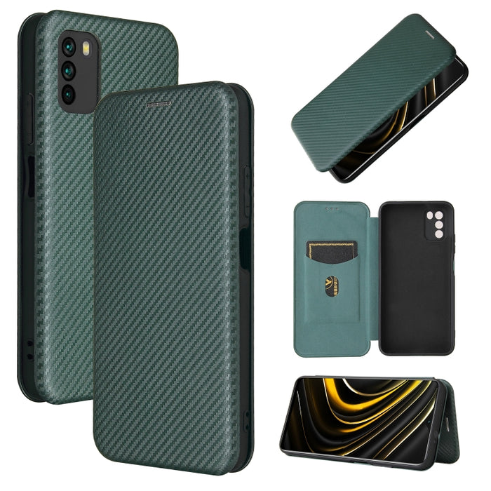 Textura de fibra de carbono Flip horizontal magnético TPU + PC + Funda de cuero PU con ranura para tarjeta, For Xiaomi Poco M3, For Samsung Galaxy A02s, For Xiaomi Redmi Note 9 5G, For Xiaomi Redmi Note 9 4G