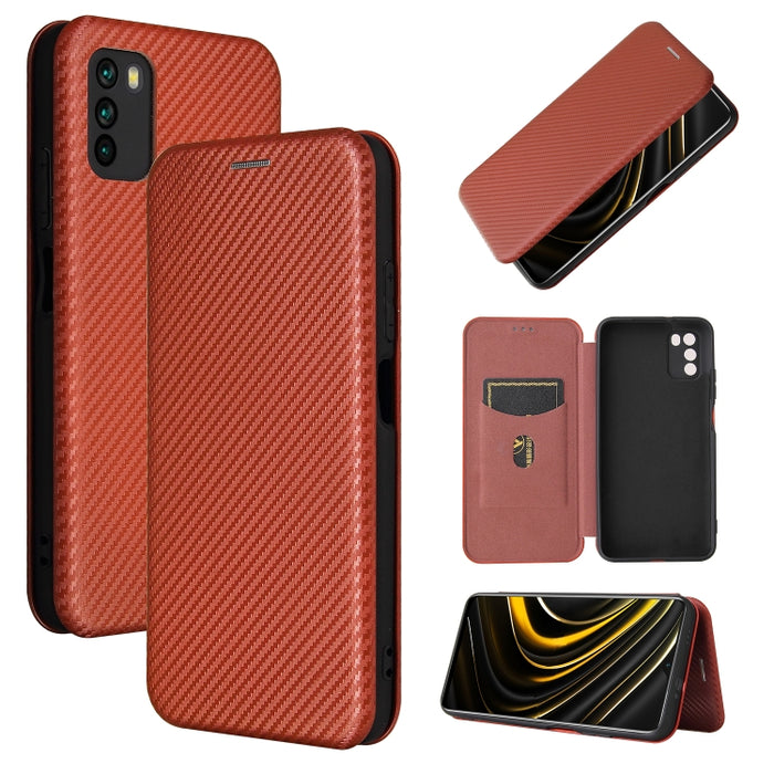 Textura de fibra de carbono Flip horizontal magnético TPU + PC + Funda de cuero PU con ranura para tarjeta, For Xiaomi Poco M3, For Samsung Galaxy A02s, For Xiaomi Redmi Note 9 5G, For Xiaomi Redmi Note 9 4G