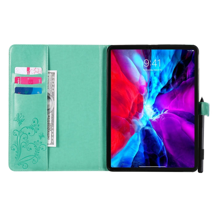 Estuche de cuero con tapa horizontal con estampado de mariposa estampado prensado con soporte y ranuras para tarjetas y billetera y función de reposo / activación