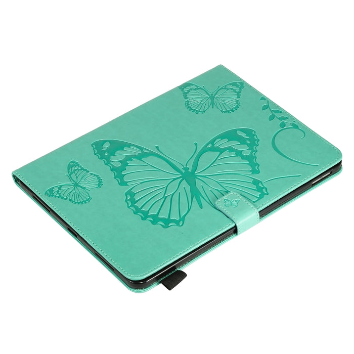 Estuche de cuero con tapa horizontal con estampado de mariposa estampado prensado con soporte y ranuras para tarjetas y billetera y función de reposo / activación