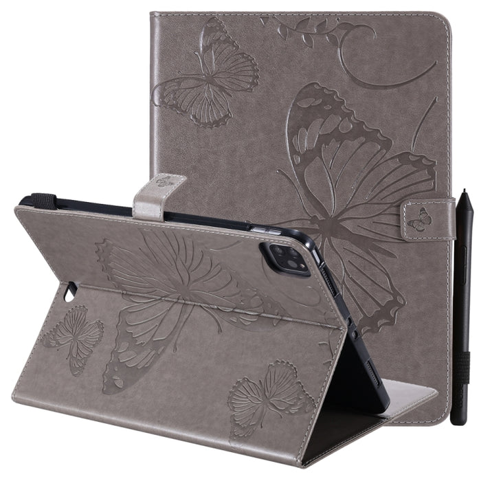 Estuche de cuero con tapa horizontal con estampado de mariposa estampado prensado con soporte y ranuras para tarjetas y billetera y función de reposo / activación