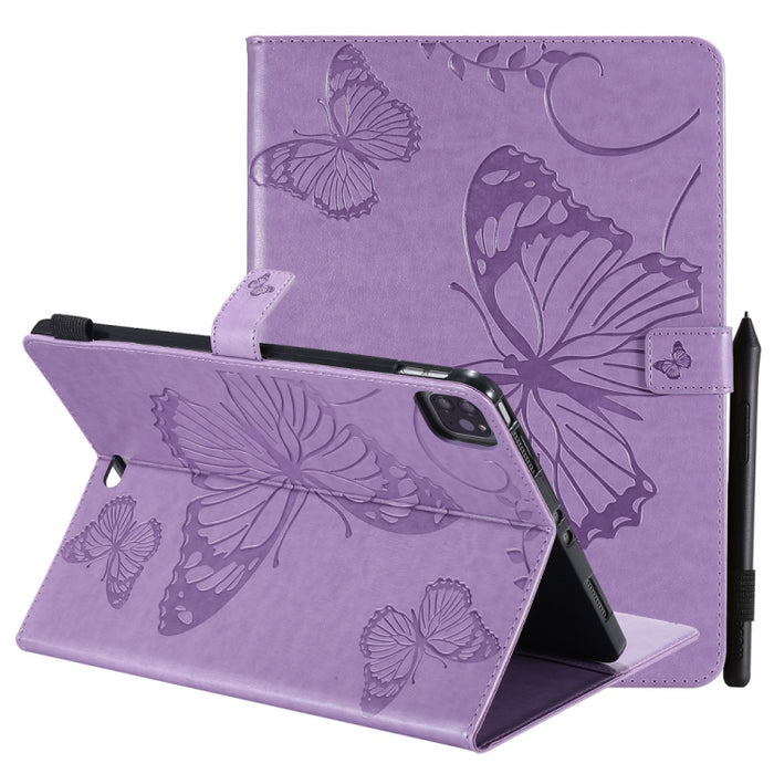 Estuche de cuero con tapa horizontal con estampado de mariposa estampado prensado con soporte y ranuras para tarjetas y billetera y función de reposo / activación