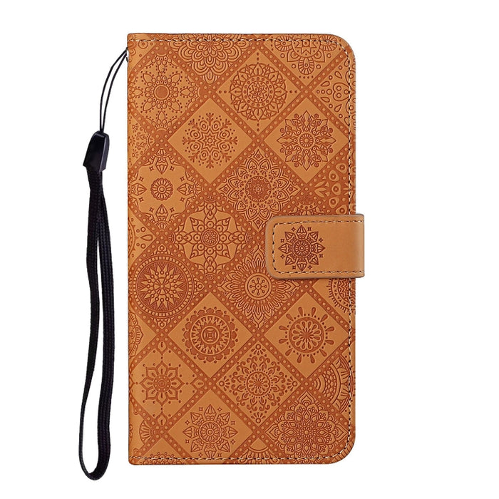 Estuche de cuero con tapa horizontal con patrón en relieve de estilo étnico con soporte y ranuras para tarjetas y billetera y cordón