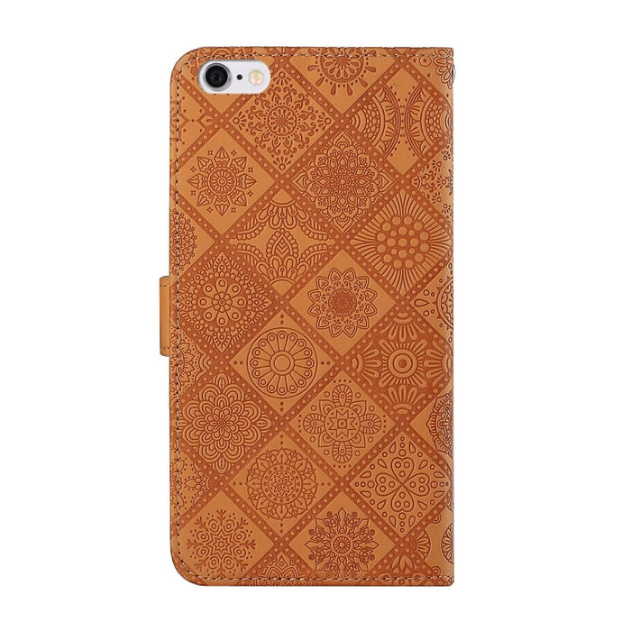 Estuche de cuero con tapa horizontal con patrón en relieve de estilo étnico con soporte y ranuras para tarjetas y billetera y cordón