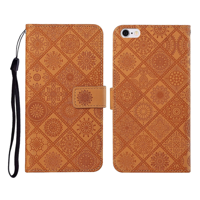 Estuche de cuero con tapa horizontal con patrón en relieve de estilo étnico con soporte y ranuras para tarjetas y billetera y cordón