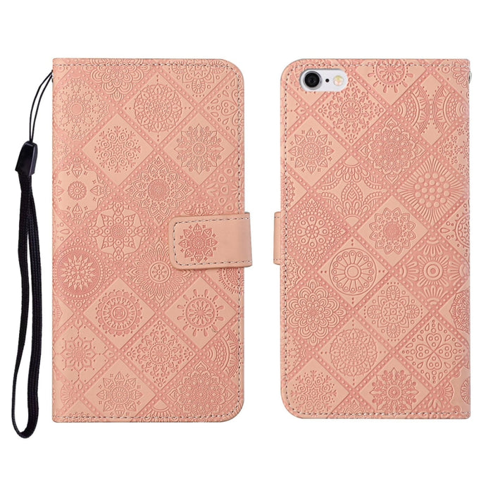 Estuche de cuero con tapa horizontal con patrón en relieve de estilo étnico con soporte y ranuras para tarjetas y billetera y cordón