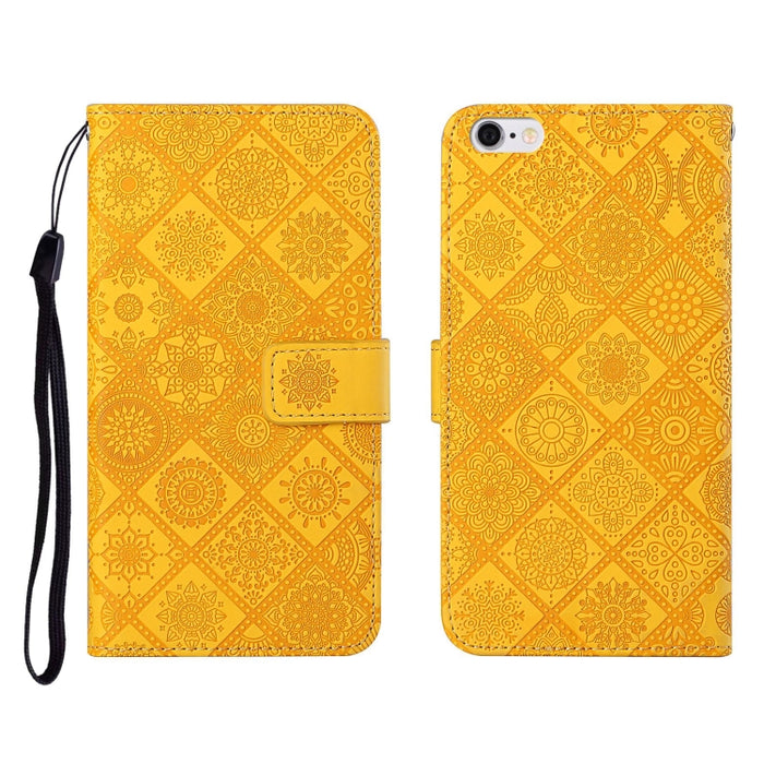 Estuche de cuero con tapa horizontal con patrón en relieve de estilo étnico con soporte y ranuras para tarjetas y billetera y cordón