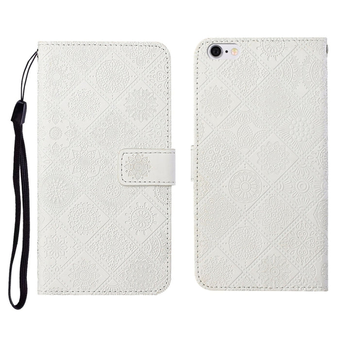 Estuche de cuero con tapa horizontal con patrón en relieve de estilo étnico con soporte y ranuras para tarjetas y billetera y cordón