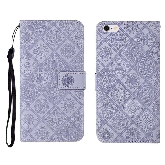 Estuche de cuero con tapa horizontal con patrón en relieve de estilo étnico con soporte y ranuras para tarjetas y billetera y cordón