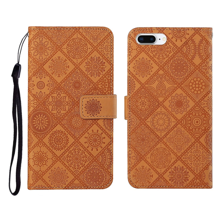 Estuche de cuero con tapa horizontal con patrón en relieve de estilo étnico con soporte y ranuras para tarjetas y billetera y cordón