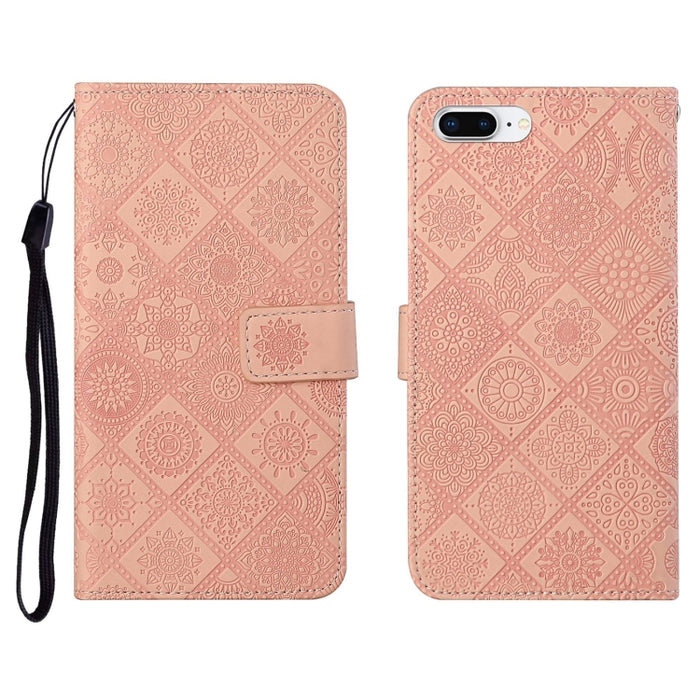 Estuche de cuero con tapa horizontal con patrón en relieve de estilo étnico con soporte y ranuras para tarjetas y billetera y cordón