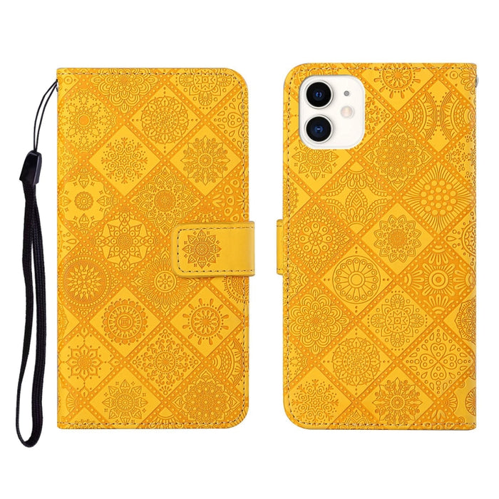 Estuche de cuero con tapa horizontal con patrón en relieve de estilo étnico con soporte y ranuras para tarjetas y billetera y cordón