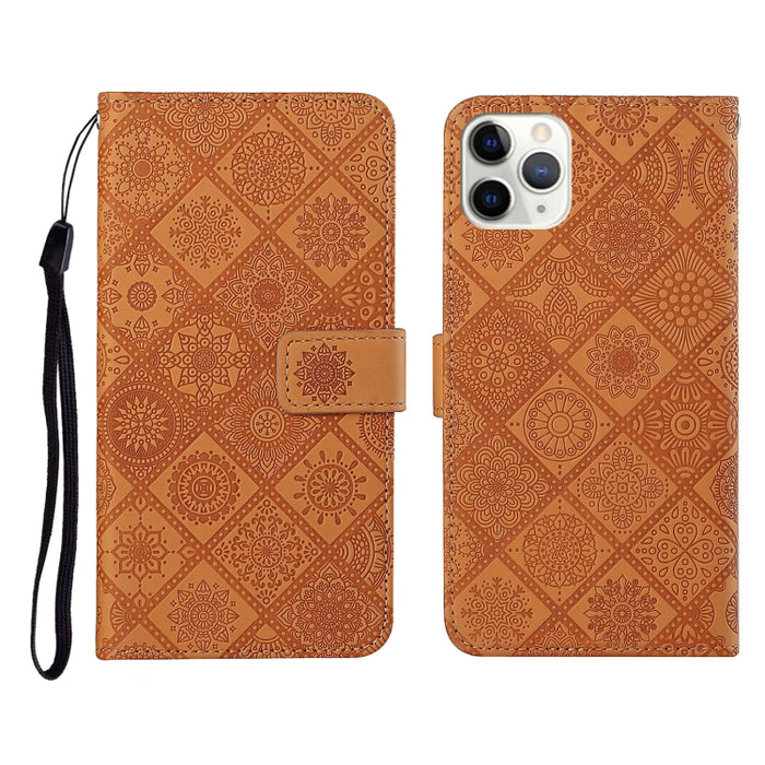 Estuche de cuero con tapa horizontal con patrón en relieve de estilo étnico con soporte y ranuras para tarjetas y billetera y cordón