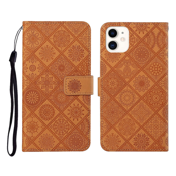 Estuche de cuero con tapa horizontal con patrón en relieve de estilo étnico con soporte y ranuras para tarjetas y billetera y cordón