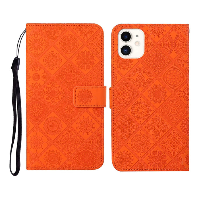 Estuche de cuero con tapa horizontal con patrón en relieve de estilo étnico con soporte y ranuras para tarjetas y billetera y cordón