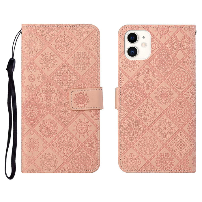 Estuche de cuero con tapa horizontal con patrón en relieve de estilo étnico con soporte y ranuras para tarjetas y billetera y cordón