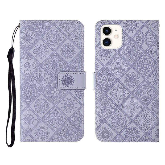 Estuche de cuero con tapa horizontal con patrón en relieve de estilo étnico con soporte y ranuras para tarjetas y billetera y cordón