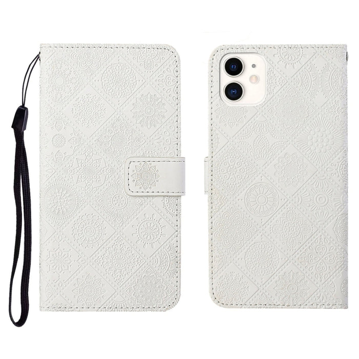 Estuche de cuero con tapa horizontal con patrón en relieve de estilo étnico con soporte y ranuras para tarjetas y billetera y cordón