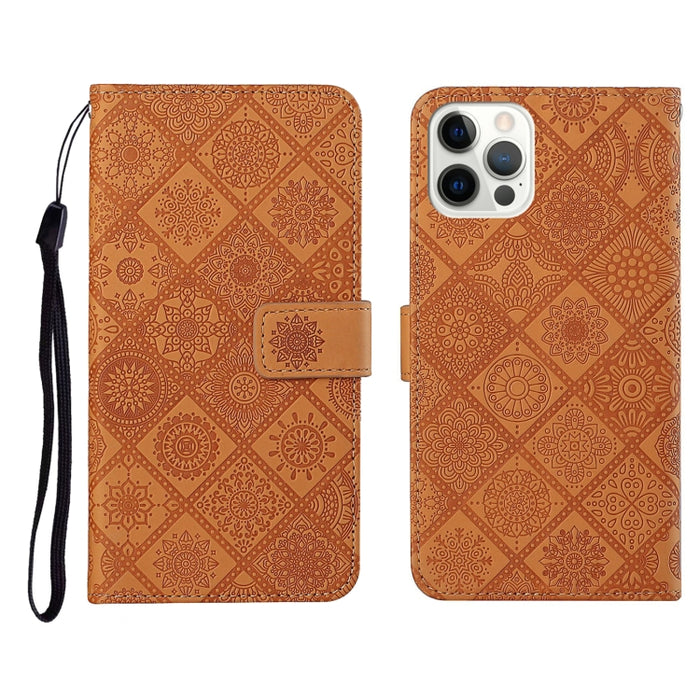 Estuche de cuero con tapa horizontal con patrón en relieve de estilo étnico con soporte y ranuras para tarjetas y billetera y cordón