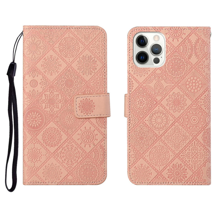 Estuche de cuero con tapa horizontal con patrón en relieve de estilo étnico con soporte y ranuras para tarjetas y billetera y cordón