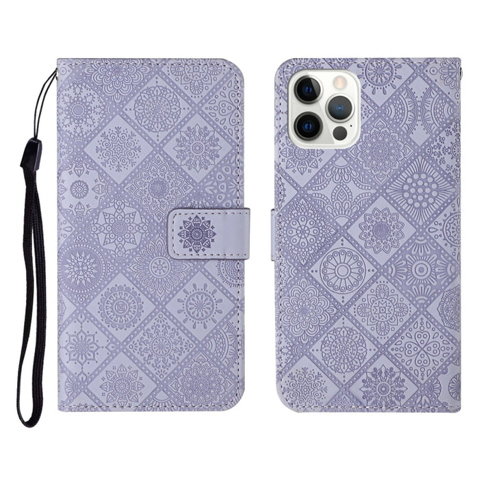 Estuche de cuero con tapa horizontal con patrón en relieve de estilo étnico con soporte y ranuras para tarjetas y billetera y cordón