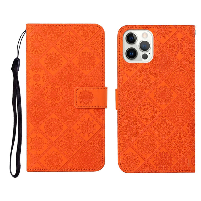 Estuche de cuero con tapa horizontal con patrón en relieve de estilo étnico con soporte y ranuras para tarjetas y billetera y cordón