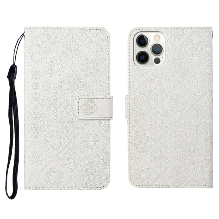 Estuche de cuero con tapa horizontal con patrón en relieve de estilo étnico con soporte y ranuras para tarjetas y billetera y cordón