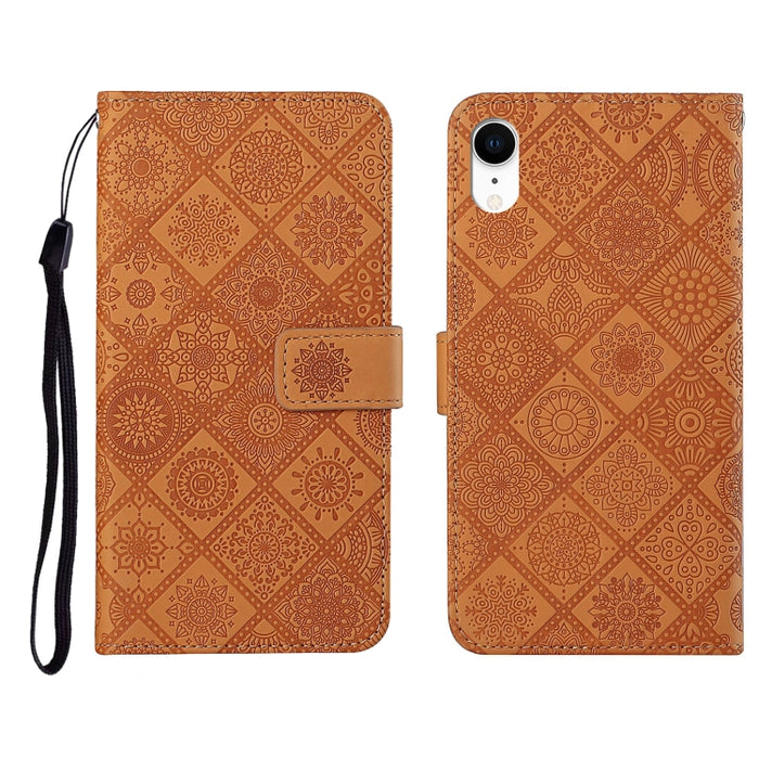Estuche de cuero con tapa horizontal con patrón en relieve de estilo étnico con soporte y ranuras para tarjetas y billetera y cordón