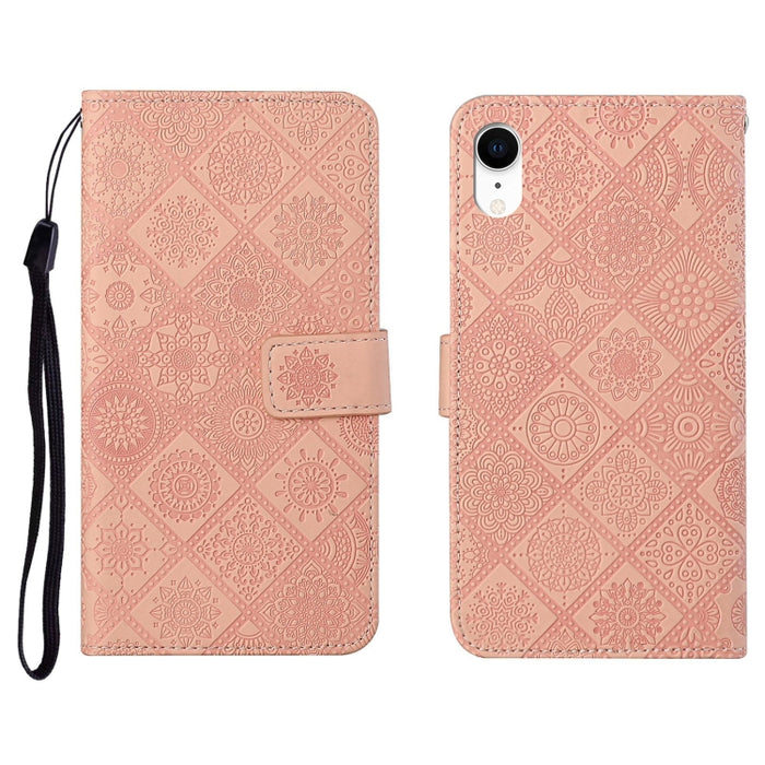 Estuche de cuero con tapa horizontal con patrón en relieve de estilo étnico con soporte y ranuras para tarjetas y billetera y cordón