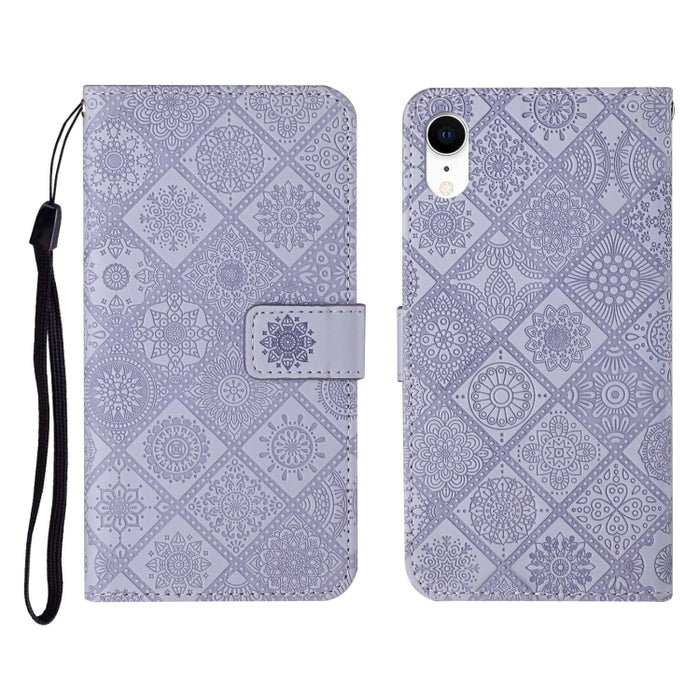 Estuche de cuero con tapa horizontal con patrón en relieve de estilo étnico con soporte y ranuras para tarjetas y billetera y cordón