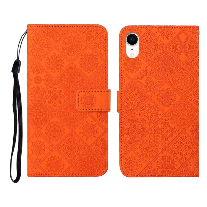 Estuche de cuero con tapa horizontal con patrón en relieve de estilo étnico con soporte y ranuras para tarjetas y billetera y cordón