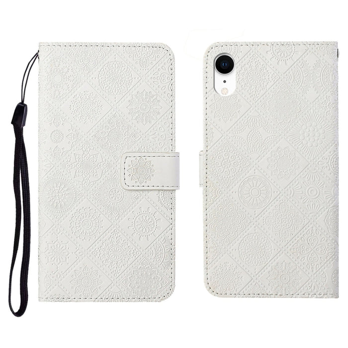 Estuche de cuero con tapa horizontal con patrón en relieve de estilo étnico con soporte y ranuras para tarjetas y billetera y cordón