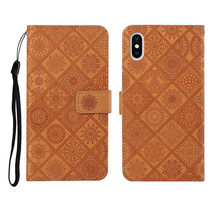 Estuche de cuero con tapa horizontal con patrón en relieve de estilo étnico con soporte y ranuras para tarjetas y billetera y cordón